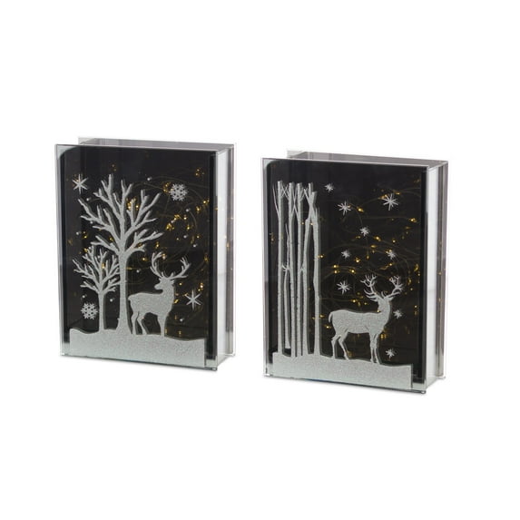Contemporary Home Living Set of 2 LED Deer and Tree Rectangular Glass Table Piece with Timer -