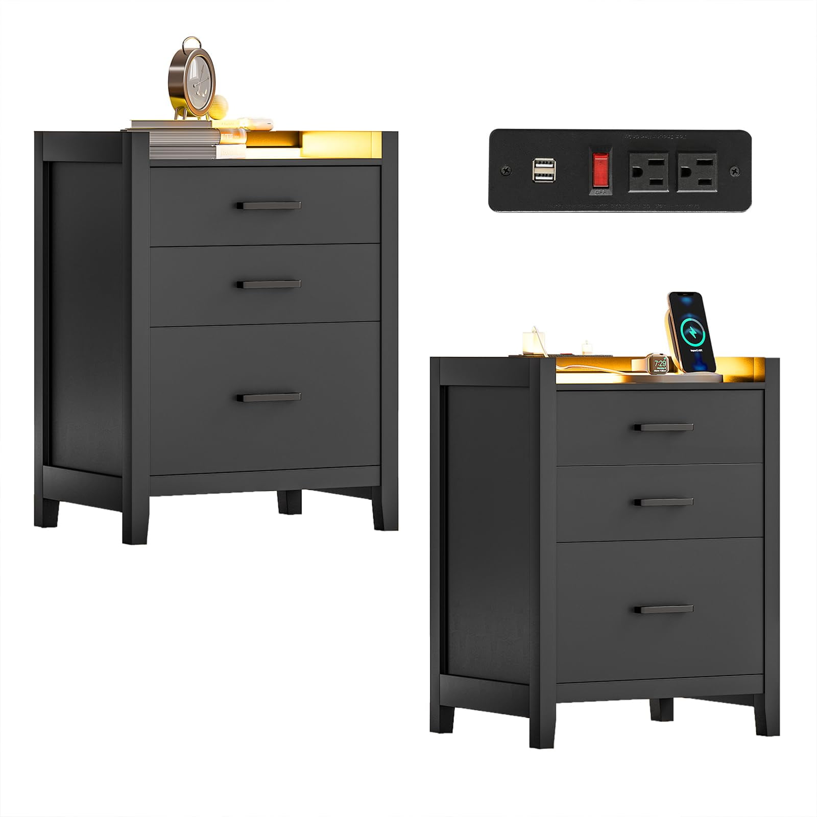 Set of 2 LED Nightstand with Charging Station, Black Modern Night Stand
