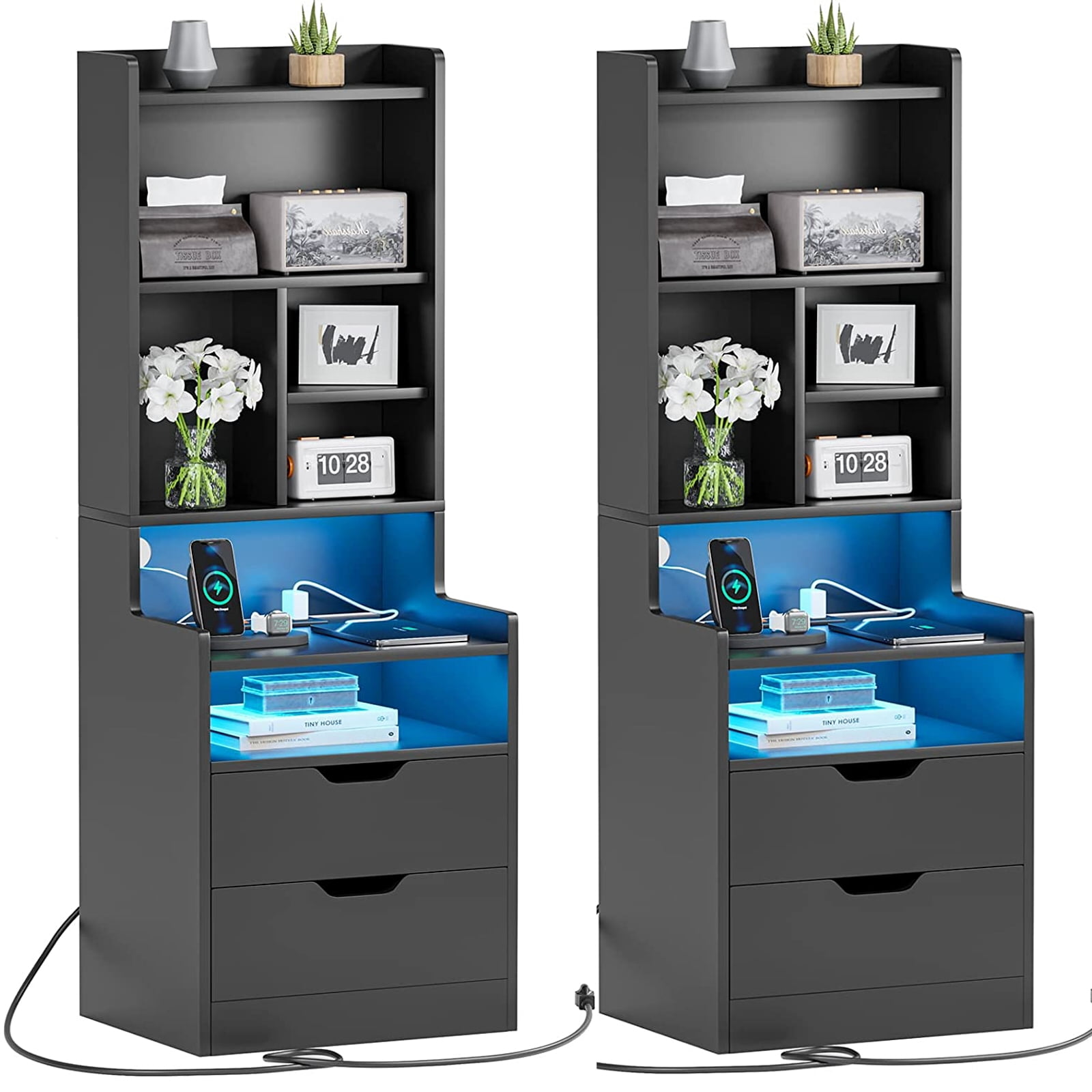 Set of 2 LED Nightstand with Charging Station for Bedroom, Black Bedside Table with 2 Drawers&LED Lights for Living Room, 2 Outlets and 2 USB Ports