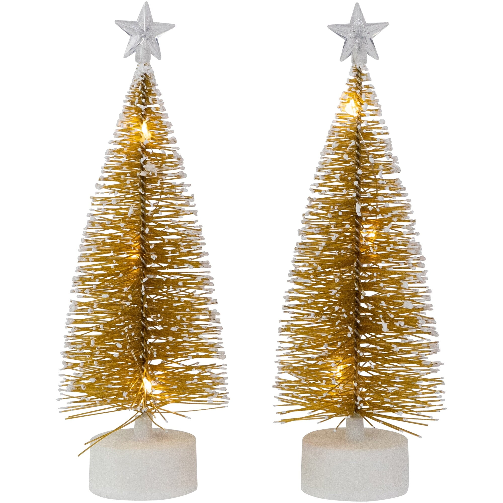 Set of 2 LED Pre-Lit Mini Bottle Brush Pine Christmas Village Trees - 7" Gold