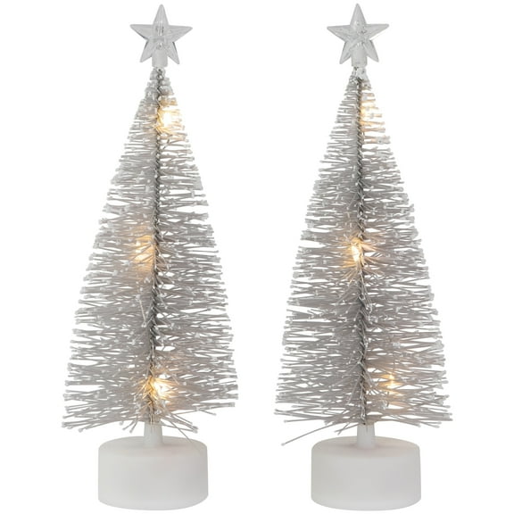 Set of 2 LED Pre-Lit Mini Bottle Brush Pine Christmas Village Trees - 7" Silver