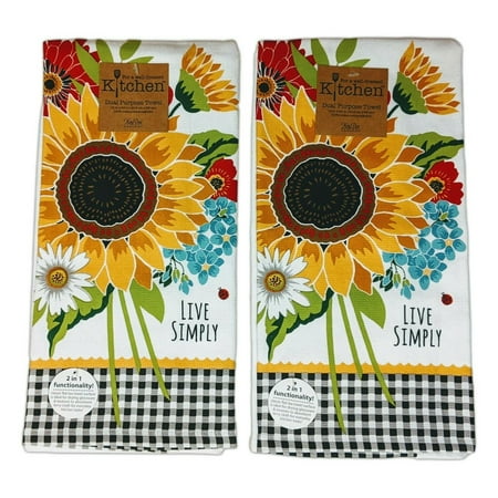 Set of 2 LIVE SIMPLY Sunflower Charm Terry Kitchen Towels by Kay Dee Designs