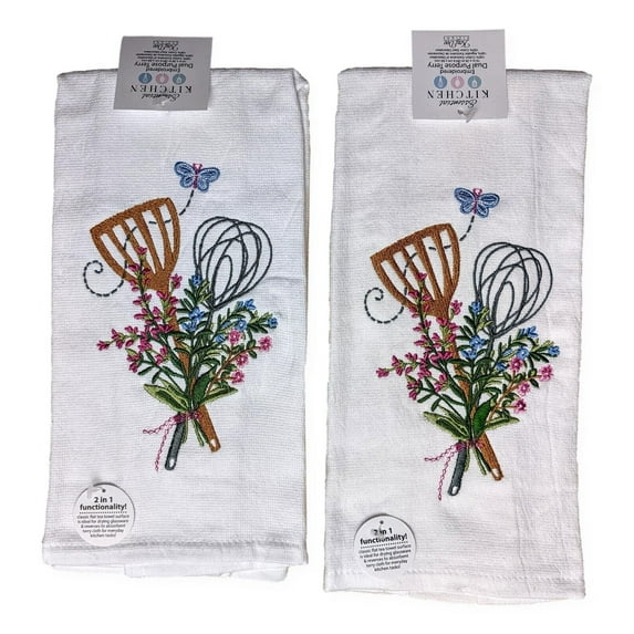Set of 2 LOVE TO COOK Embroidered Herbs Terry Kitchen Towels by Kay Dee Designs