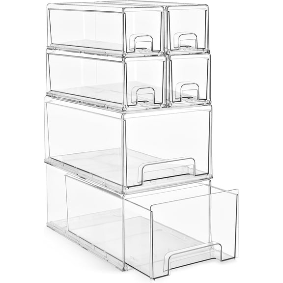 Set of 2 Large & 4 Small Clear Stackable Plastic Storage Drawers with Handles, Pull-Out Organizer Bins for Closet and Pantry