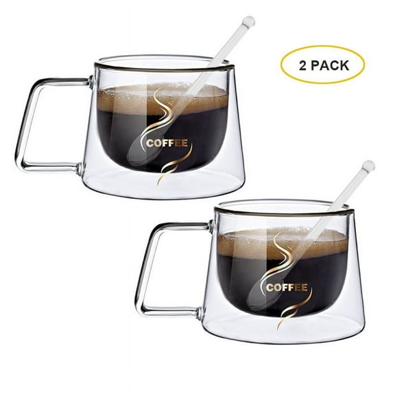 Set of 2,Large Clear Glass Coffee Mugs with Big Handle, Thermal Glass Double Walled Drinking Glass, Insulated Clear Coffee Mug,3-6oz