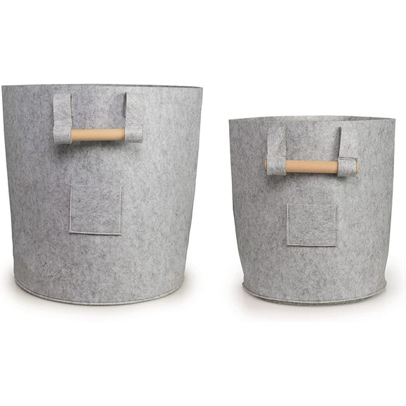 Set of 2 - Large & Medium - Recycled PET Felt Baskets, Multifunctional Laundry Hamper & Storage Organizer With Wooden Handles
