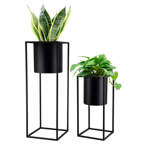 Set of 2 Large Planters with Stand black Planter for Indoor Plants 28 &18" H Morden Plant Pots