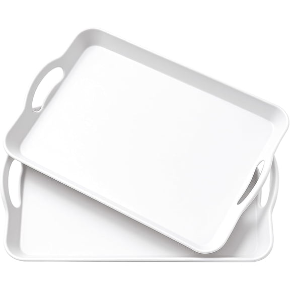 Set of 2 Large White Melamine Serving Trays with Handles, Rectangular Plastic Food Platters, 16.5 x 11.5 in