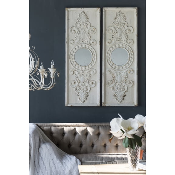 Set of 2 Large Wooden Wall Art Panels with Distressed White Finish and Round Mirror Accents,17" x 48"