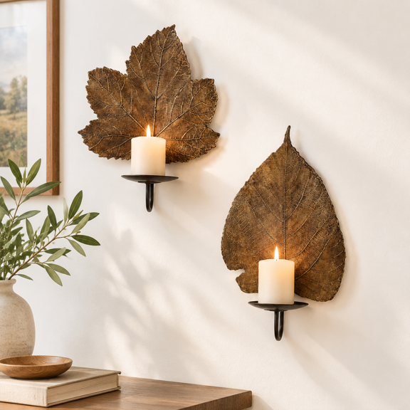 Set of 2 Leaf Wall Sconces, Metal Maple and Poplar Leaf Farmhouse Candle Holders