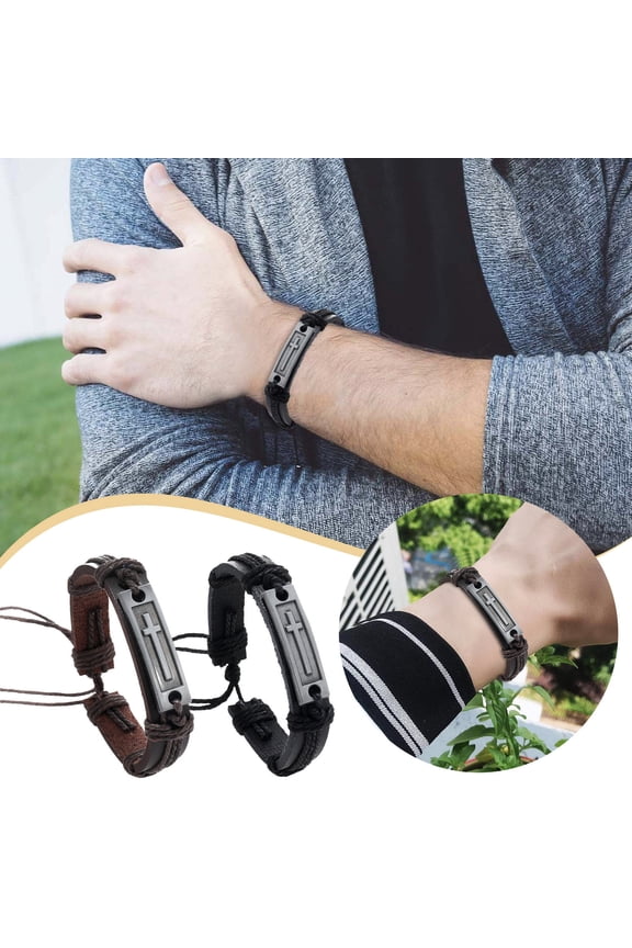 Set of 2 Leather Cross Bracelet for Teens or Men, Cool Christian Gift Ideas for Young Teenagers for Confirmation and Baptism