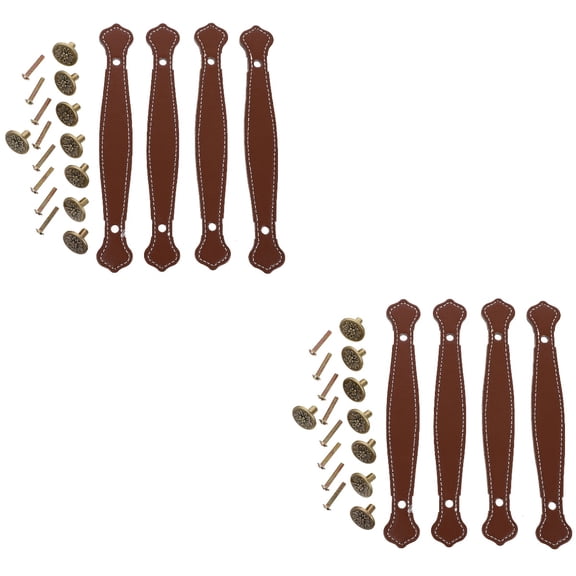 Set of 2 Leather Handle Magnetic Screen Door Drawer Pulls Handles Vintage Knobs Brown