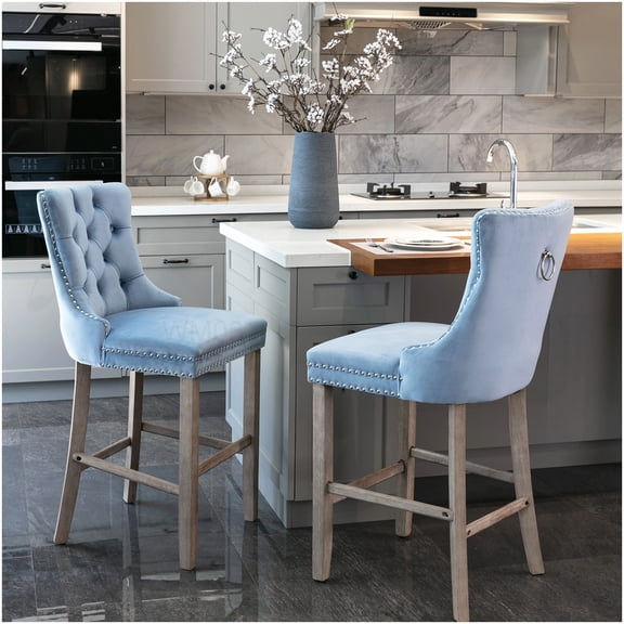 Set of 2 Light Blue Velvet Bar Chairs with Button Tufting and Wood Legs, Contemporary Style Counter Stools with Nailhead Accents