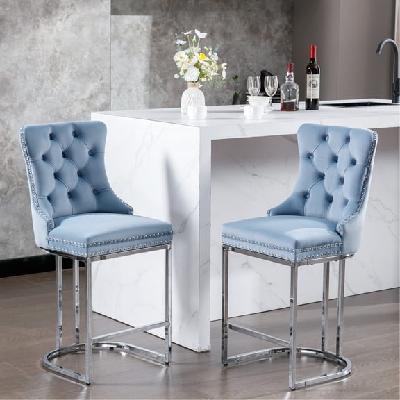 Set of 2 Light Blue Velvet Bar Stools with Button Tufted Back for Comfortable Kitchen Counter Seating