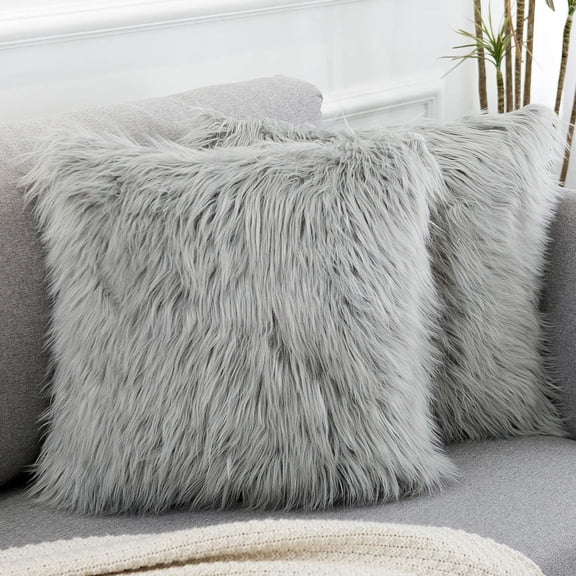 Set of 2 Light Gray Decorative Fluffy Pillow Covers New Luxury Series Merino Style Faux Fur Throw Pillow Covers Square Fuzzy Cushion Case 18x18 Inch