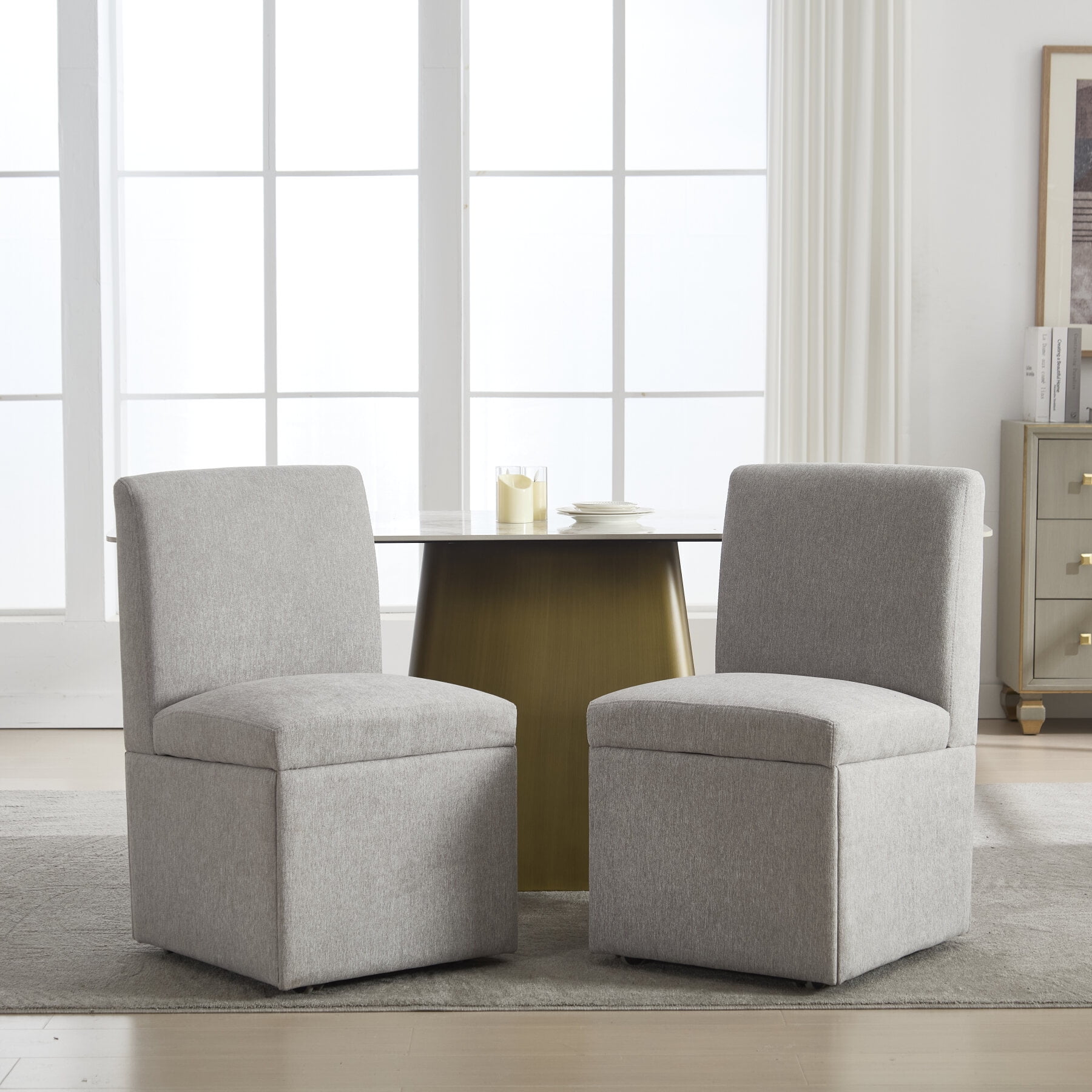 Set of 2 Light Gray Linen Rolling Chairs with Hidden Storage, 4-Wheel ...