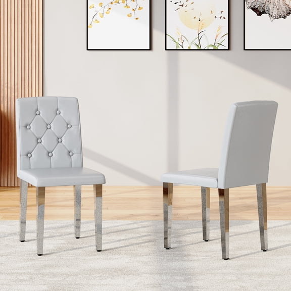 Set of 2 Light Gray PU Dining Chairs, Ergonomic Buckle Backrest, 35'' High, Silver Metal Legs