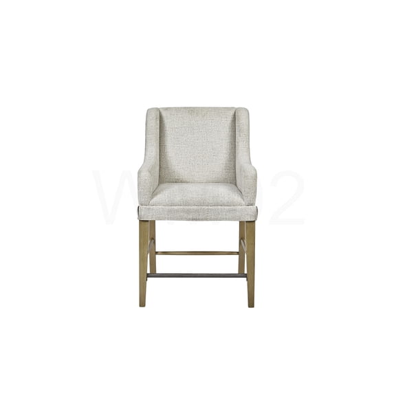 Set of 2 Light Tan Upholstered Counter Stools with Cushioned Seat and Metal Frame