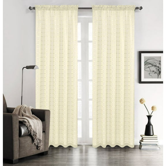 Set of 2 Lily Plaid Sheer Curtains, Rod Pocket Top, Beige