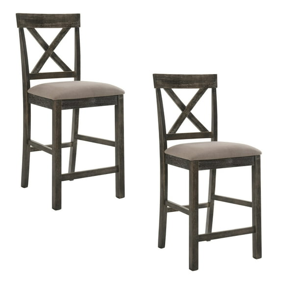 Set of 2 Linen Finish Counter Height Chair, Modern Farmhouse Kitchen Dining Room Chair, Solid Wood Fabric Upholstered Seat Wood Back Chairs (Gray)