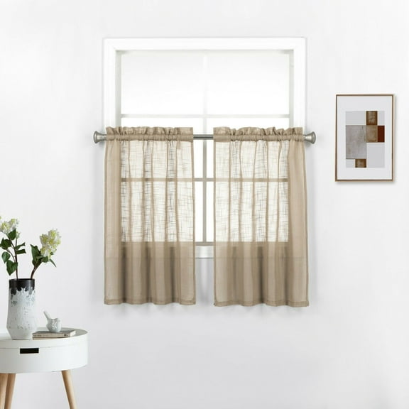 Set of 2 Linen Textured Semi Sheer Window Treatment Tiers Kitchen Curtains 36 Inches Long for any Small Window, (27"W x 36"L, Taupe)