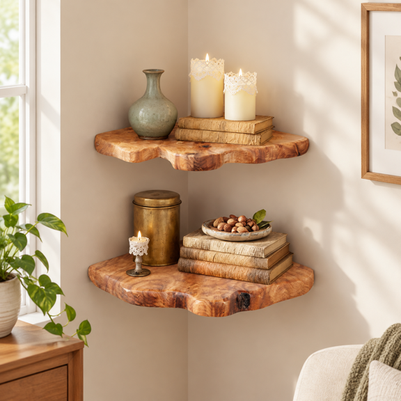 Set of 2 Live Edge Cedar Corner Floating Shelves for Rustic Home Decor