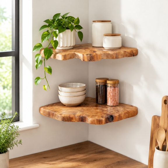Set of 2 Live Edge Cedar Corner Floating Shelves for Rustic Home Decor