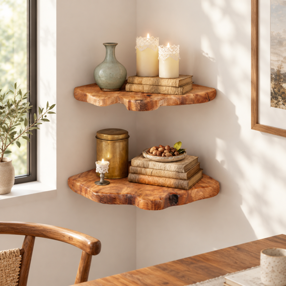 Set of 2 Live Edge Cedar Floating Corner Shelves for Rustic Home Decor