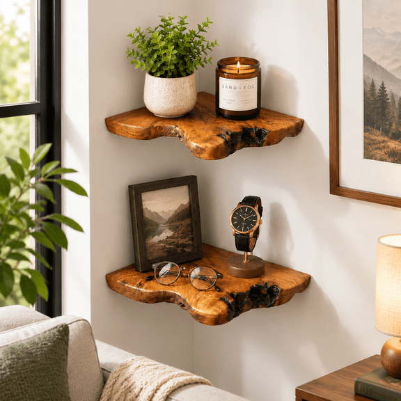 Set of 2 Live Edge Cedar Root Wood Corner Floating Shelves for Bedroom, Bathroom, Kitchen