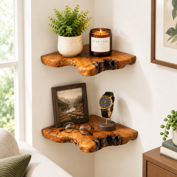 Set of 2 Live Edge Cedar Root Wood Floating Corner Shelves for Bedroom, Bathroom, Kitchen