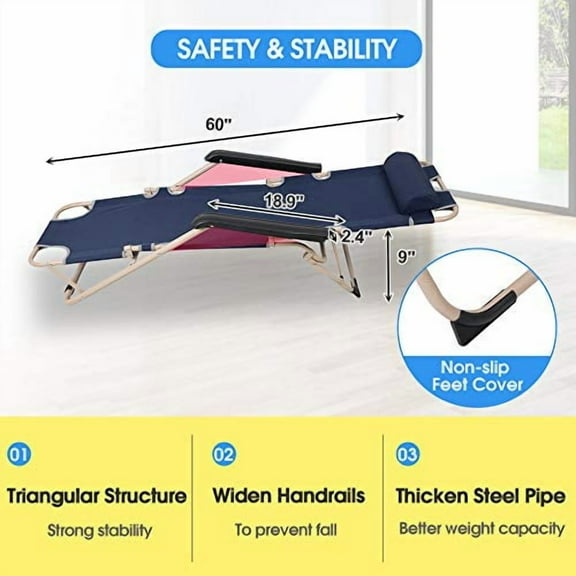 Set of 2 Lounge Chairs Folding Cot 2-in-1 Portable Reclining Beach Chair for Yard Garden Pool