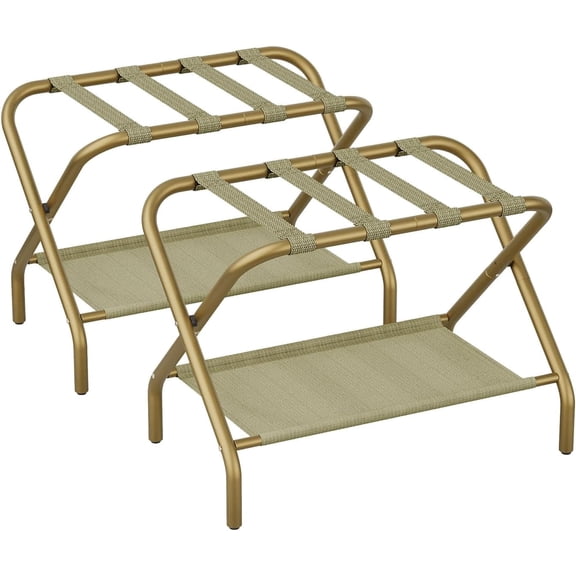 Luggage Rack for Guest Room, Folding Suitcase Stand with Shoe Shelf, Easy Assembly, Portable, Hold up to 110 lb, Gold