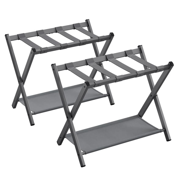 SONGMICS Luggage Racks for Guest Room, Set of 2, Suitcase Stand with Storage Shelf, Steel Frame, Foldable for Easy Storage, Hotel, Bedroom, Slate Gray