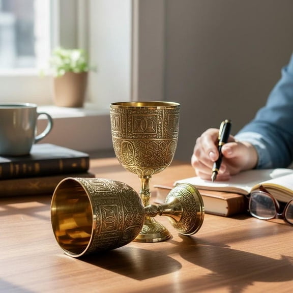 Set of 2 Luxury Embossed Brass Chalice | Royal King Goblet | Handmade Religious Cup | Church Communion Gift