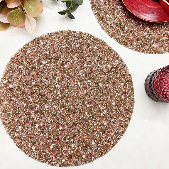 Set of 2, Luxury beaded handmade placemat, peach pink gold and white beads with sequin
