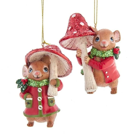 Set of 2 MOUSE WITH MUSHROOM Christmas Ornaments by Kurt Adler
