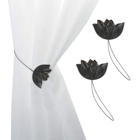 Evideco French Home Goods Curtain Holdbacks Set of 2 Magnetic Tulip Curtain Tiebacks – Elegant Resin Design with Strong Magnet – Black/Silver