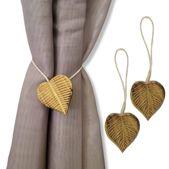 Evideco French Home Goods Curtain Holdbacks Set of 2 Magnetic Wooden Heart Curtain Tiebacks – Easy to Use, No Installation Needed – Natural