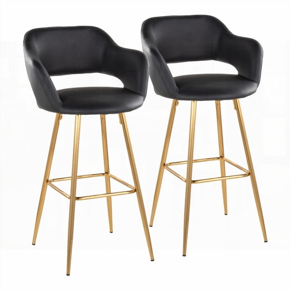Set of 2 Margarite 30" Contemporary Barstools - Gold Metal & Black Faux Leather with Footrest