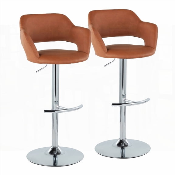 Set of 2 Margarite Contemporary Barstools - Chrome Metal & Brown Faux Leather with Rounded T Footrest