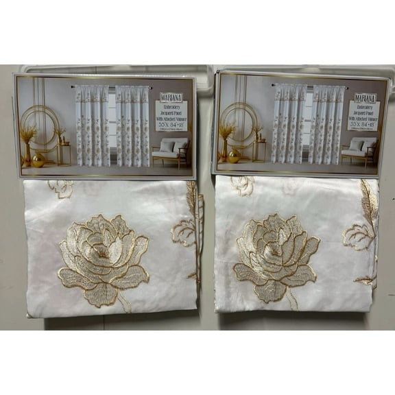 Set of 2 Mariana Embroidered Jacquard Curtains with Valance, 84" Long, Beige with Gold Embroidery