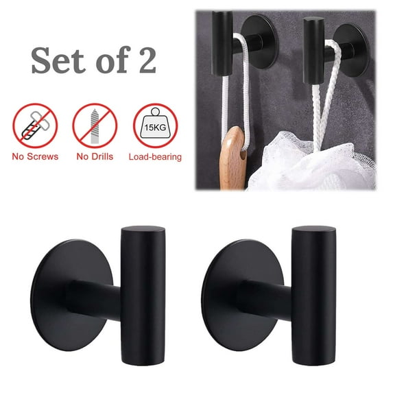 Set of 2 Matte Black Wall Self Adhesive Hook Towel Bathroom Storange Hanging 304 Stainless Steel