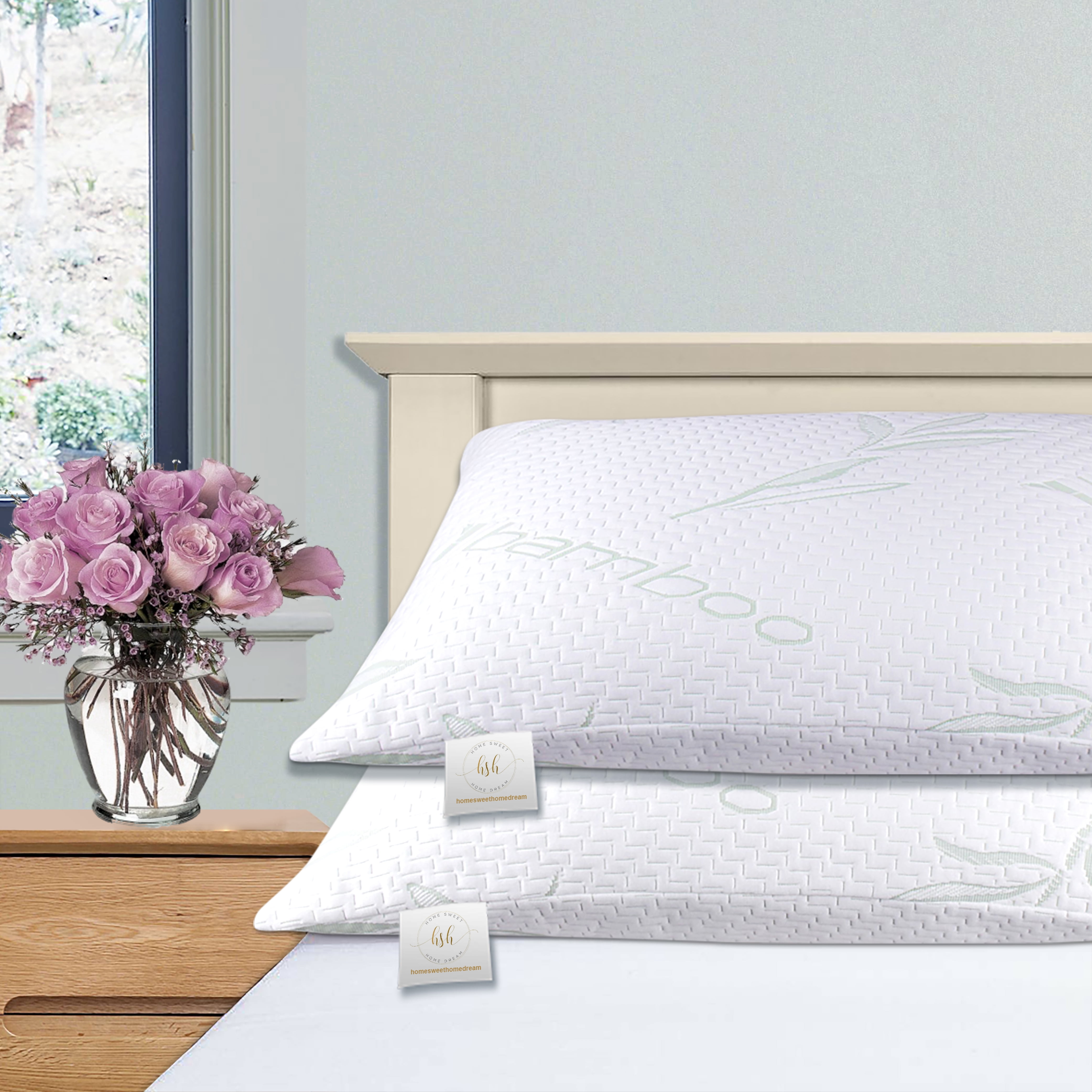 Set of 2 Memory Foam Hypoallergenic Cooling Bamboo Pillows for All Sleepers with Washable Cover - King