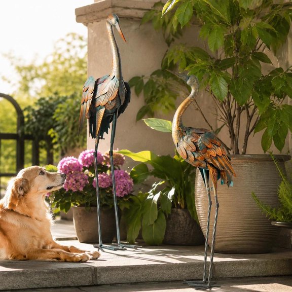 Set of 2 Metal Crane Statues with U-Shaped Stakes for Lawn, Yard, Backyard, and Lakeside Decor