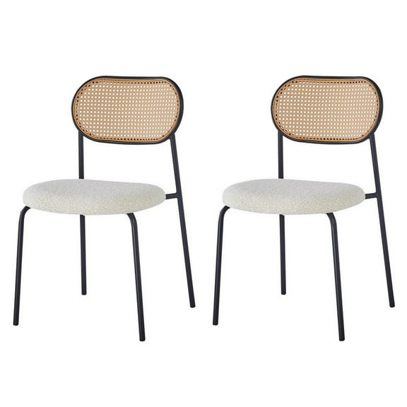 Set of 2 Metal Dining Chairs with Cane Backs and White Boucle Seats Modern Design Style Dining Room