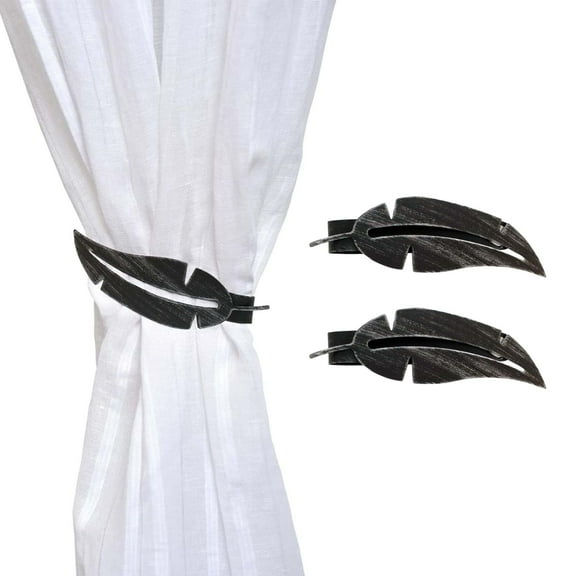 Set of 2 Metal Feather Curtain Tiebacks with Magnetic Closure – No Installation Needed – Black/Silver