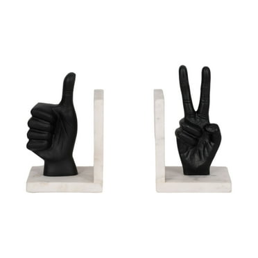 Set of 2 Metal Hand Sign Bookends Contemporary Marble Thumbs Up Peace Sign Bookends Book - 5" x 4" x 8"