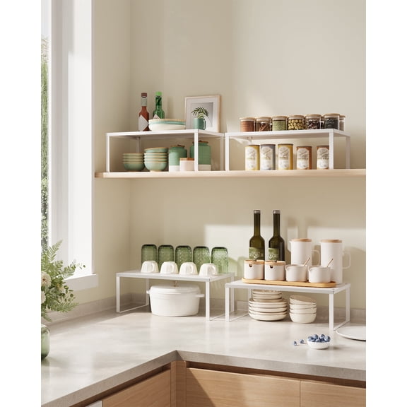 Set of 2 Metal Kitchen Counter Shelves - Stackable, Expandable Spice Racks, Cabinet & Countertop Organizers, Shelf Risers for Space Saving, White