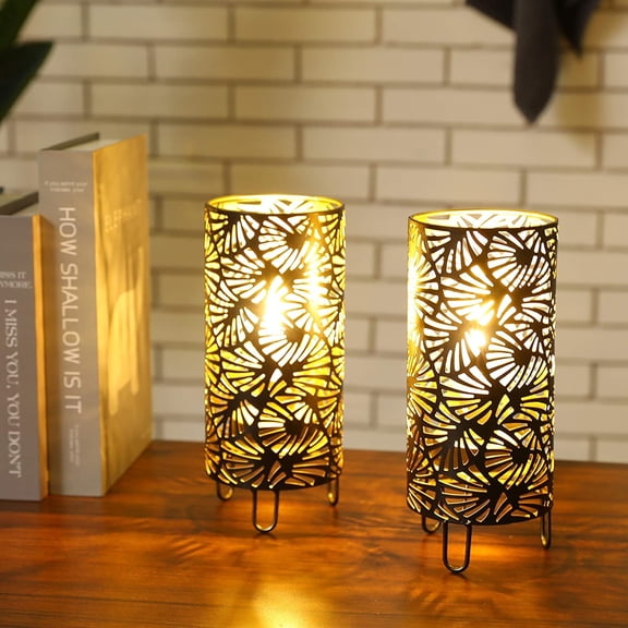 Set of 2 Metal Battery Powered 9''High Accent Cordless LED Bulb Huge Fan Patterned Battery Lamp for Weddings Parties Patio Garden Indoors Outdoors Table Bed Room