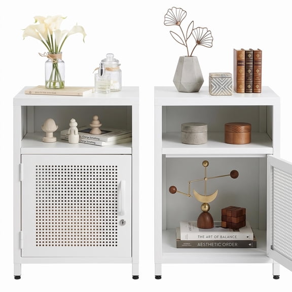 Set of 2 Metal Locker Nightstands with Locking Cabinet Door, Open Shelf, Stainless Steel Side Tables, White